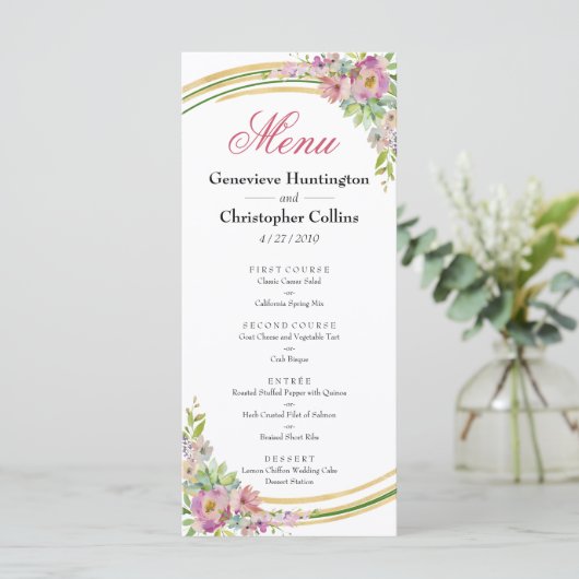 Elegant Spring Boho Floral Gold Reception Menu (Staand voorkant)