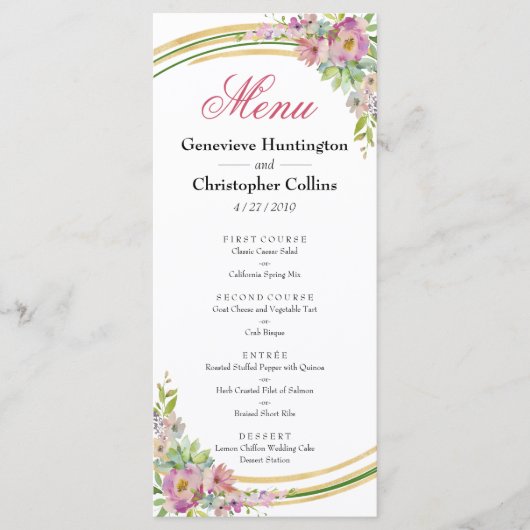 Elegant Spring Boho Floral Gold Reception Menu (Voorkant)