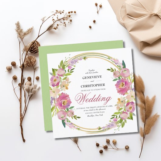 Elegant Spring Boho Floral Gold Square Wedding Kaart