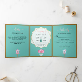 ELEGANT SPRING Floral Blauwgroen Wedding Fab Drieluik Uitnodiging