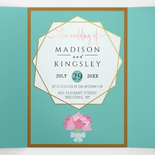 ELEGANT SPRING Floral Blauwgroen Wedding Fab Drieluik Uitnodiging (Binnenkant midden)