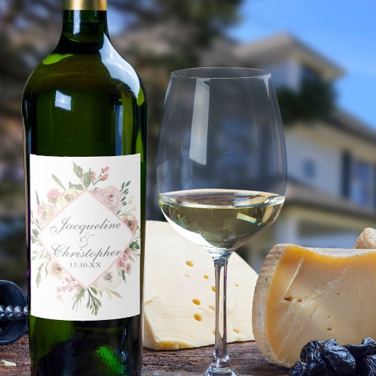 Elegant Spring Floral Blush Peony Wedding Wijn Etiket