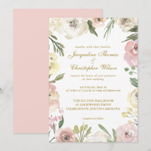 Elegant Spring Floral Blush Pink Gold Wedding Kaart