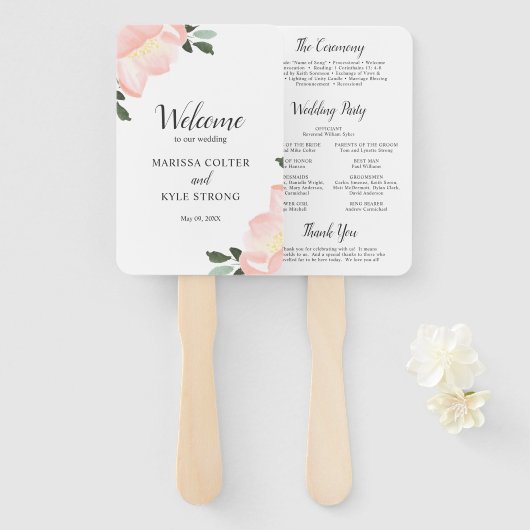 Elegant Spring Floral Blush Pink Wedding Programme Handwaaier (Voorkant en achterkant)