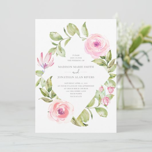 Elegant Spring Floral Diamond Pink Wedding Kaart (Staand voorkant)