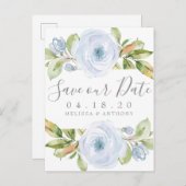 Elegant Spring Floral Dusty Blue Save the Date Aankondigingskaart (Voorkant / Achterkant)