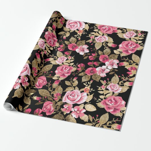 Elegant spring floral gold patroon cadeaupapier (Uitgerold)