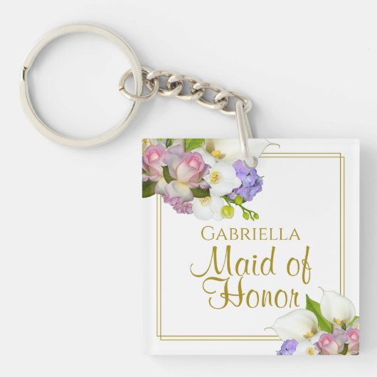 Elegant Spring Floral Maid of Honor Favor w/ Name Sleutelhanger (Voorkant)