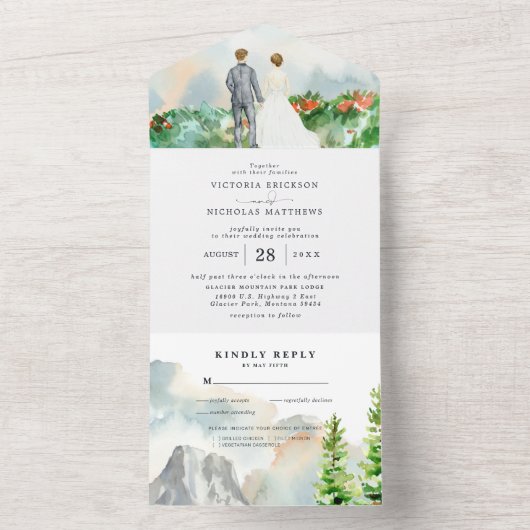 Elegant Spring Floral Mountain Wedding All In One Uitnodiging (Binnen)