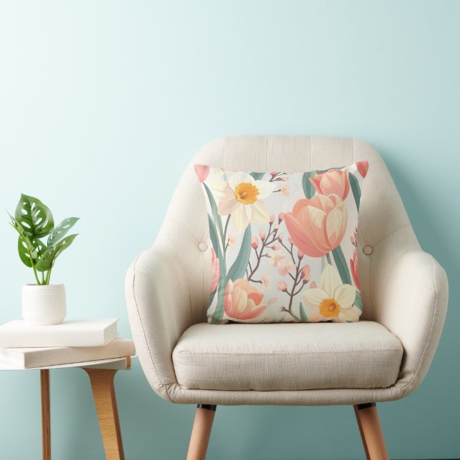 Elegant Spring Floral Pillow – Pastel Tulips Kussen (Stoel)