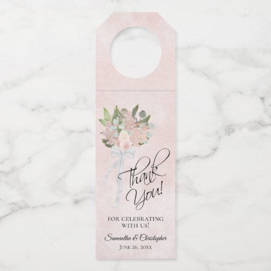 Elegant Spring Floral Pink Waterverf Wedding Flessenhanger (Voorkant)