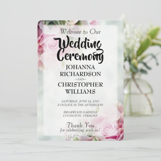 Elegant Spring Floral roze Roses & Peonies Wedding Programmakaart (Staand voorkant)