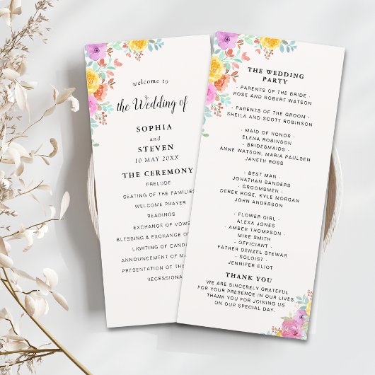 Elegant Spring Flowers Botanical Wedding Programmakaart