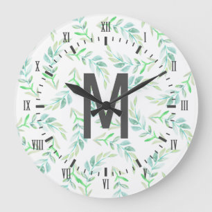 Elegant Spring Greenery Waterverf Laurels & Grey Grote Klok