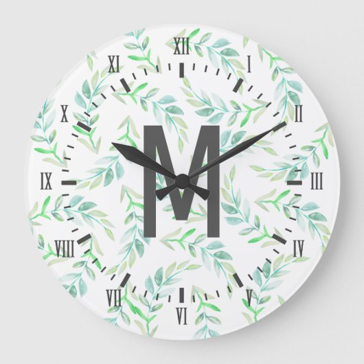 Elegant Spring Greenery Waterverf Laurels & Grey Grote Klok (Voorkant)