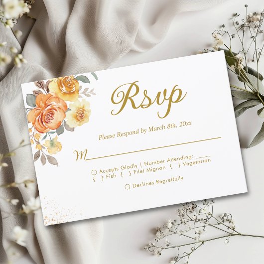 Elegant spring orange flowers with Golden tones RSVP Kaartje