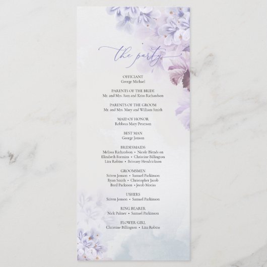 Elegant Spring paarse stoffige blauwe snijbloemen Programmakaart (Achterkant)