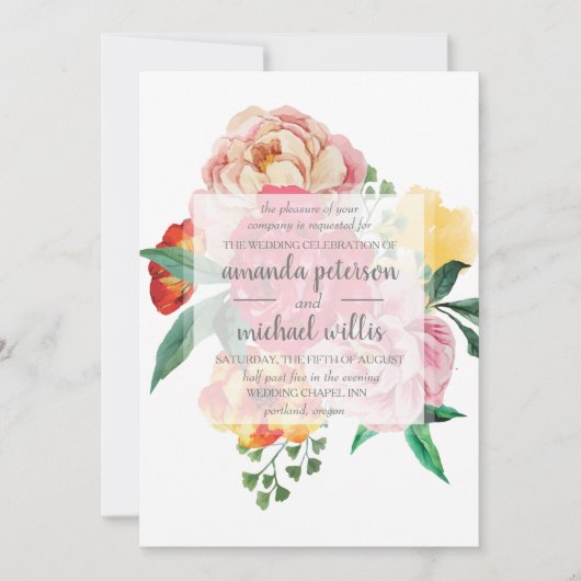 Elegant spring peonies en bladeren bloementeelt kaart (Voorkant)