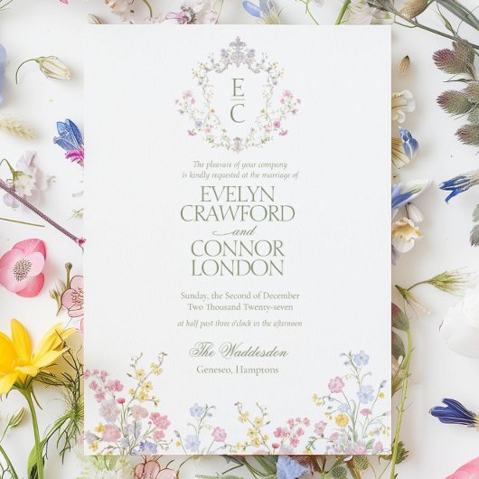 Elegant Spring Summer Wildflowers Crest Wedding Kaart