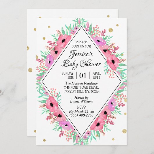 Elegant Spring Waterverf Floral Baby shower Kaart (Voorkant / Achterkant)