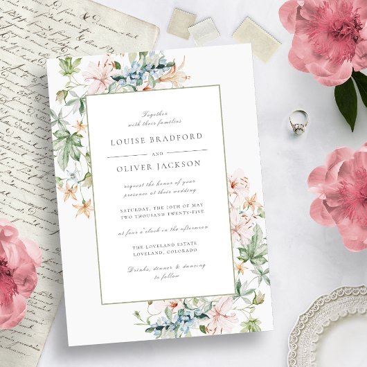 Elegant Spring Waterverf Floral Border Wedding Kaart