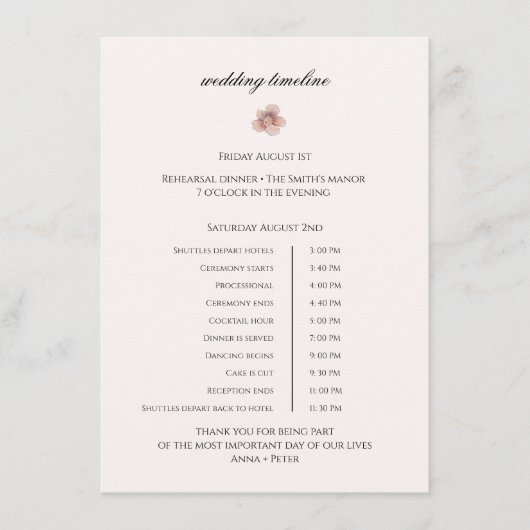 Elegant Spring Wedding Day Schedule Design Informatiekaartje (Voorkant)