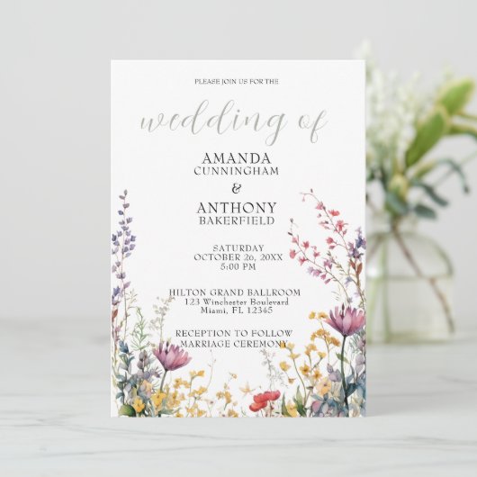 Elegant Spring Wild Flowers Wedding Invitation Kaart (Staand voorkant)