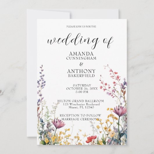 Elegant Spring Wild Flowers Wedding Invitation Kaart (Voorkant)