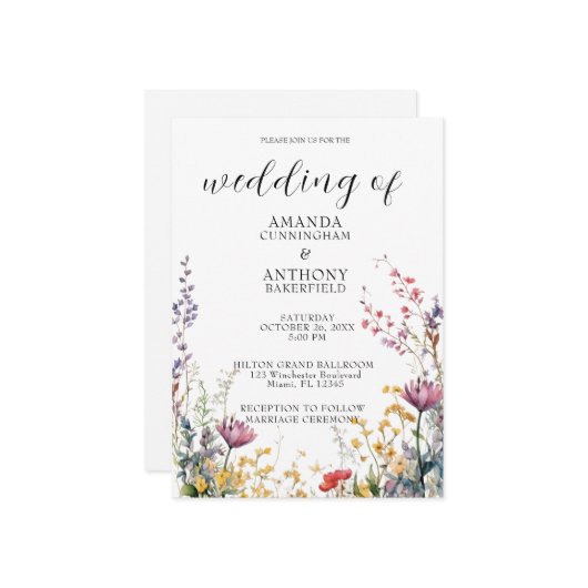 Elegant Spring Wild Flowers Wedding Invitation Kaart (Voorkant / Achterkant in situ)