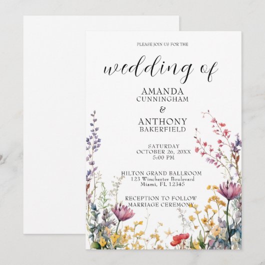 Elegant Spring Wild Flowers Wedding Invitation Kaart (Voorkant / Achterkant)