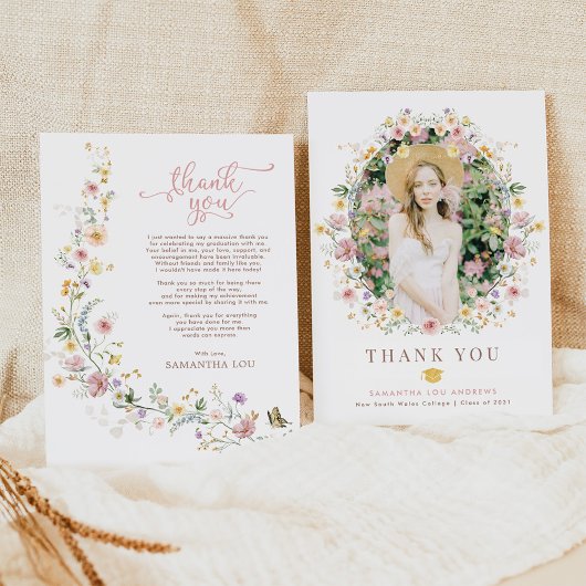 Elegant Spring Wildflower Garden Afstuderen Foto Bedankkaart