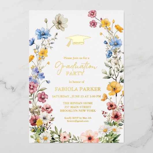 Elegant Spring Wildflower Meadow Garden Afstuderen Folie Uitnodiging (Voorkant)
