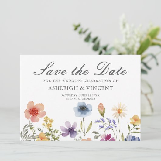 Elegant Spring Wildflowers with Photo Back Save The Date (Staand voorkant)