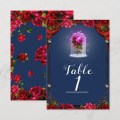 Elegant Sprookjesboek Rode Rozen Blauwe Tafel Numm Kaart (Voorkant / Achterkant)