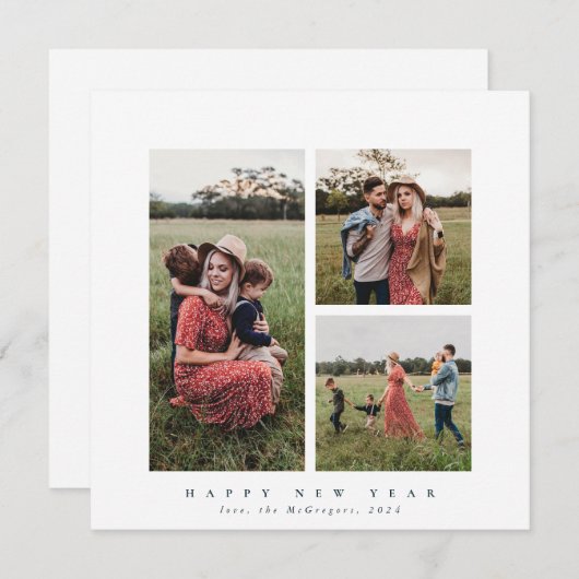 Elegant Square Triple Photo Happy Nieuwjaar Feestdagenkaart (Voorkant / Achterkant)
