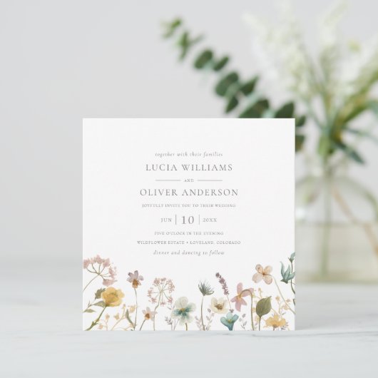 Elegant Square Waterverf Wildflower Wedding Kaart (Staand voorkant)