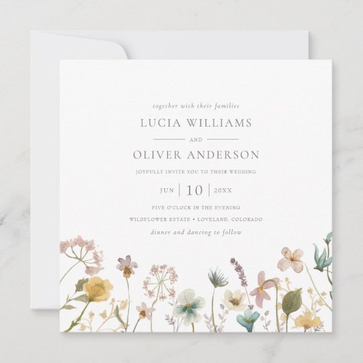 Elegant Square Waterverf Wildflower Wedding Kaart (Voorkant)