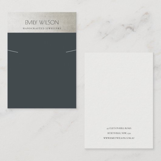 ELEGANT STAAL GRAY SILVER BLACK KETTING DISPLAY VISITEKAARTJE (Voorkant / Achterkant)