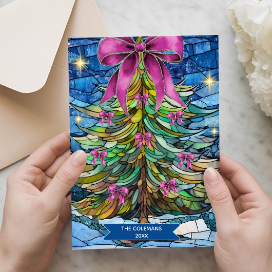 Elegant stained glass coquette bow Christmas tree  Feestdagenkaart