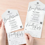 Elegant Star of David Bar Mitzvah QR Meal Option All In One Uitnodiging<br><div class="desc">Celebrate your son's special day with this modern Bar Mitzvah all-in-one invitation with RSVP, designed with elegant handwritten script, a minimalist layout, and a classic Star of David Jewish symbol. This trendy minimalist Bar Mitzvah invitation combines the ceremony invitation and tear-off RSVP response card into one stylish and convenient design,...</div>