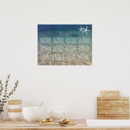 Elegant Starfish Blue Beach Wedding Seding Chart Poster (Keuken)