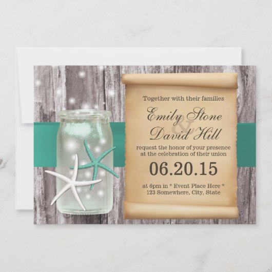 Elegant Starfish & Mason Jar Beach Wedding Kaart (Voorkant)