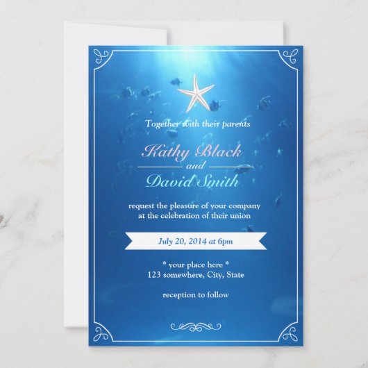 Elegant Starfish Ocean Blue Wedding Invitations Kaart (Voorkant)