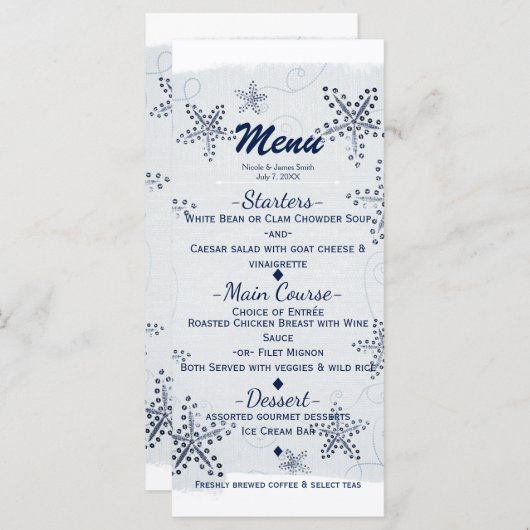 Elegant Starfish & Sequins Blue Beach Party Menu (Voorkant / Achterkant)