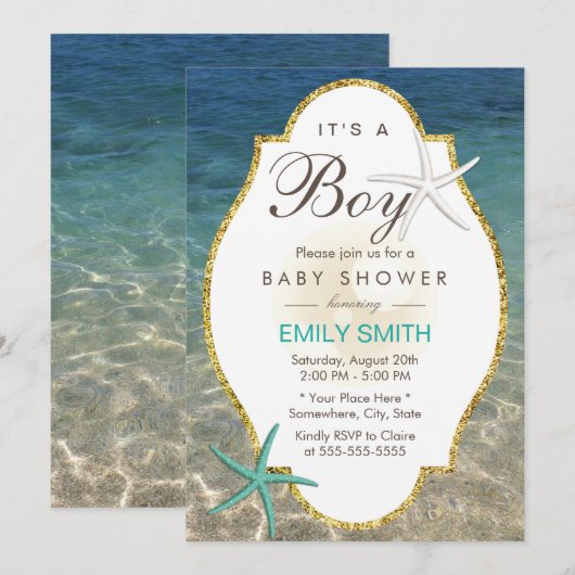 Elegant Starfish Tropical Beach Boy Baby shower Kaart (Voorkant / Achterkant)