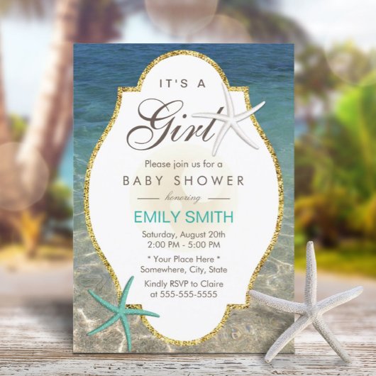 Elegant Starfish Tropical Beach Girl Baby shower Kaart