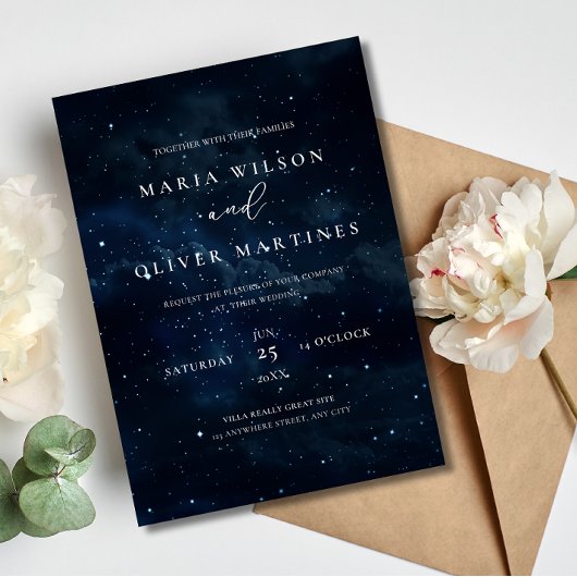Elegant Starry night Wedding invitation Modern Folie Uitnodiging