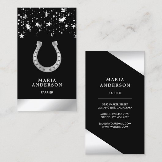 Elegant Stars Confetti Faux Silver Foil Hoefijzer Visitekaartje (Voorkant / Achterkant)