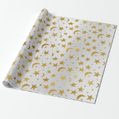 Elegant Stars Moon Silver Grey Gold Metallic Sky Cadeaupapier (Uitgerold)