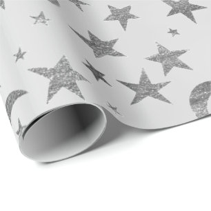 Elegant Stars Moon Silver Grey Metallic Sky Cadeaupapier